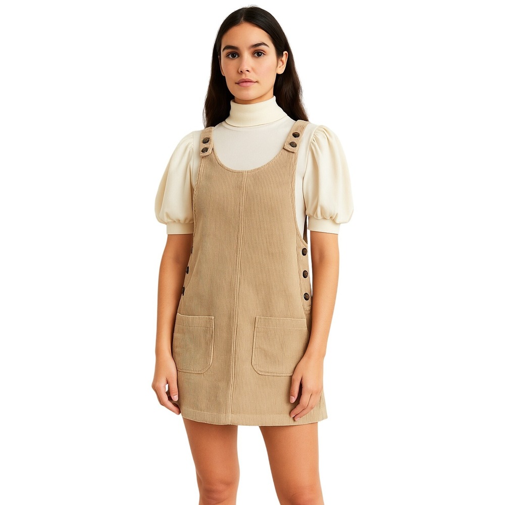 CROSSROADS 90s Wide-Wale Corduroy Jumper Mini‎ Dress Tan S Pockets Academia